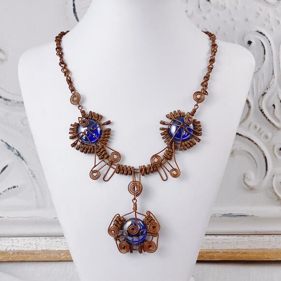 Handmade Wire-Wrapped Copper Necklace with Deep Blue Glass Cabochon Boho Pendant - Picture 4 of 10
